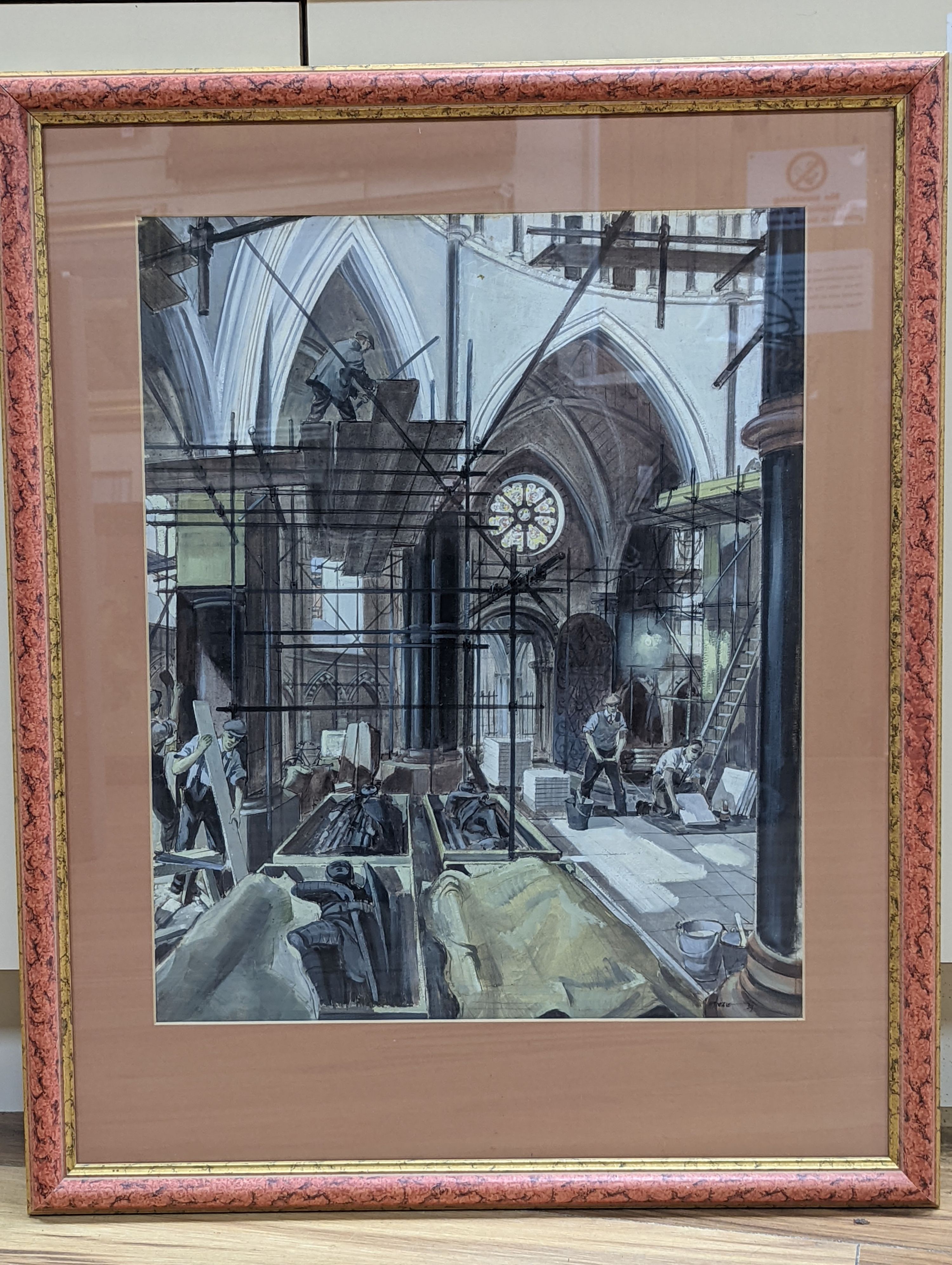 Henry James Neave (1911-1971), watercolour, Workmen inside St Pauls, signed and dated '59, 53 x 43cm